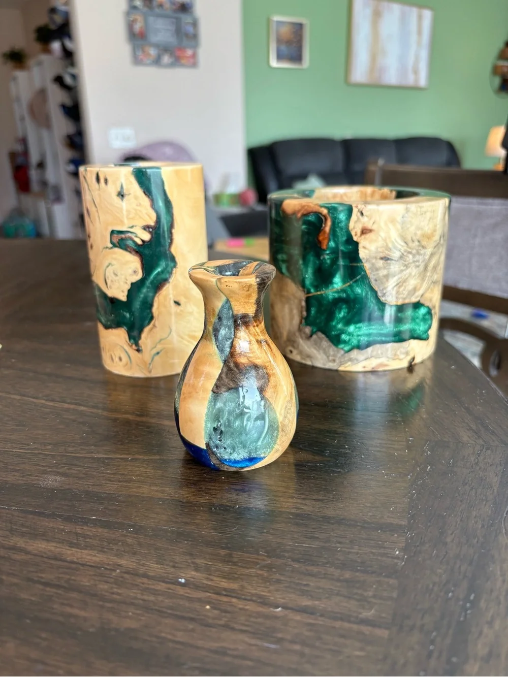 Handcrafted Wood and Emerald Resin Decorative Vase - Green Accent